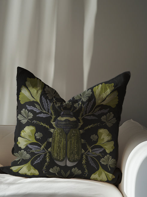 Verdant Botanical Beetle Pillow Cover